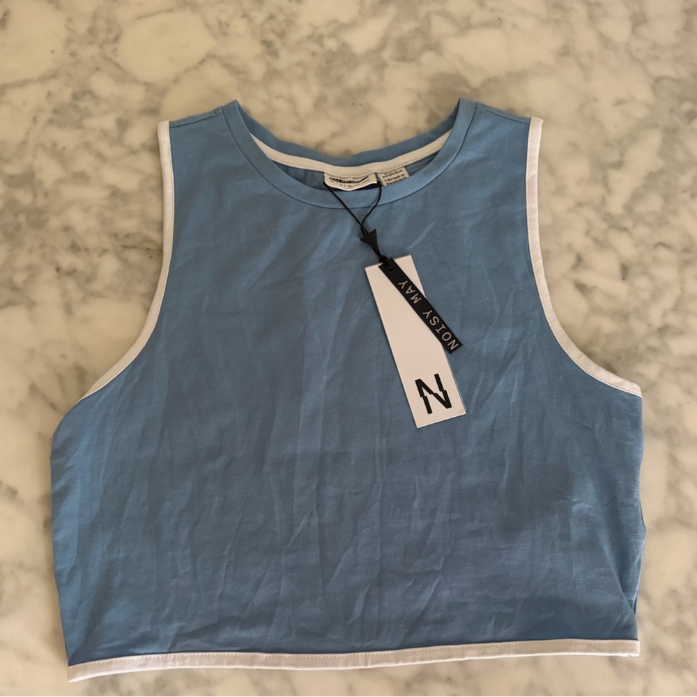 Noisy May Light Blue Tank with White Neck Trim Cropped Workout Top Yoga Pilates